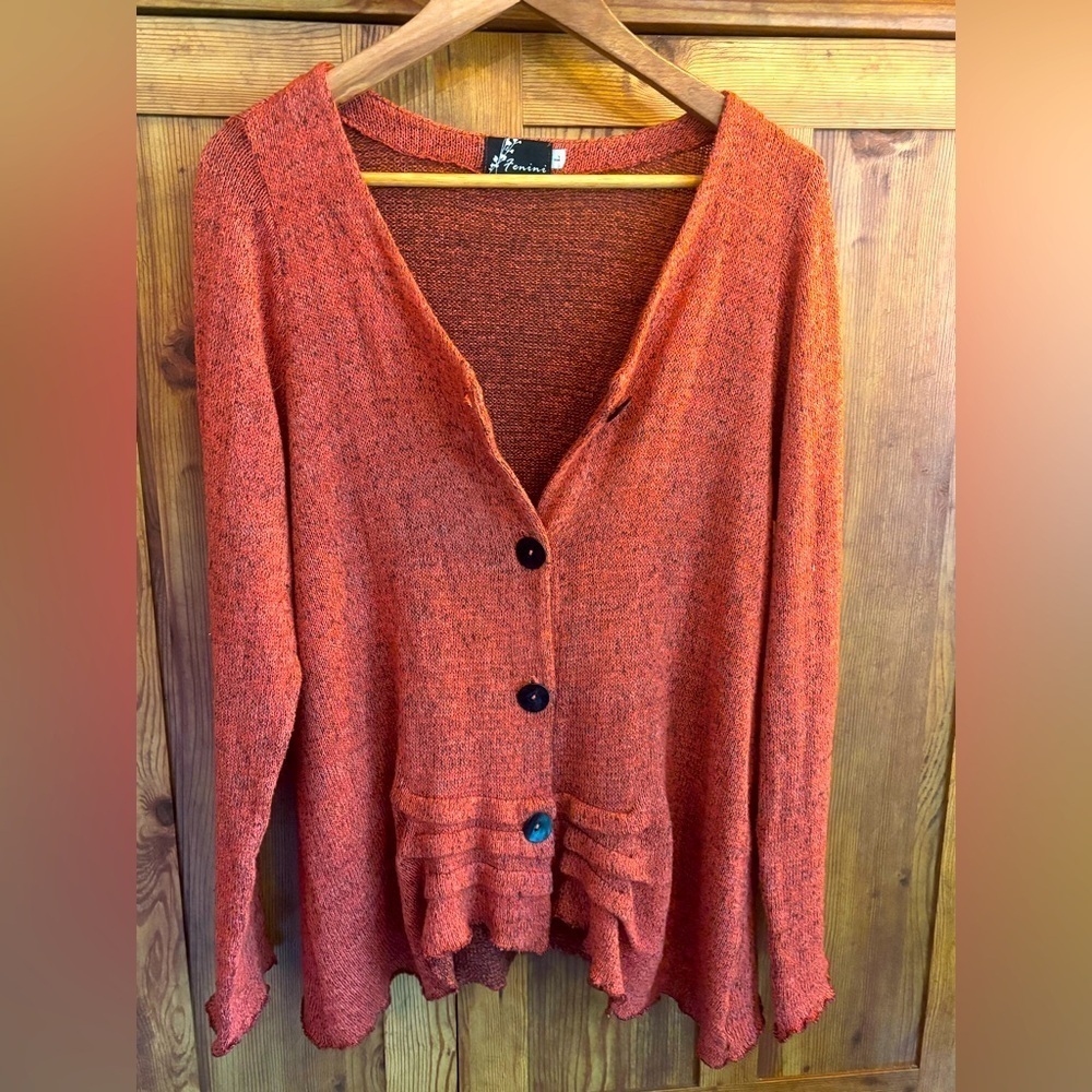 FENINI Designer Burnt Orange Textured Knit Cardigan • Artful Layering•Fits M–XL - Picture 4 of 17